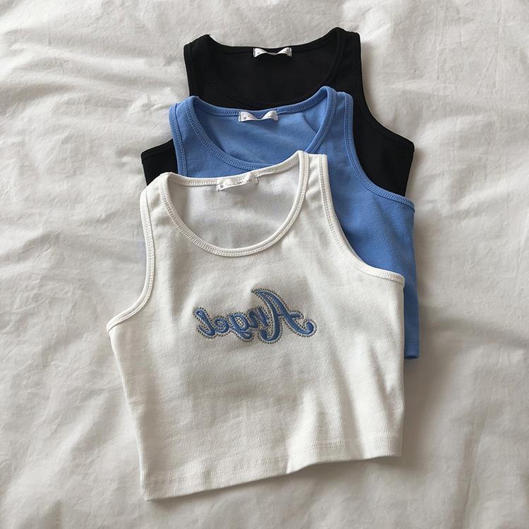 Embroidered Letters High Waist Crop Top Women Breathable Camisole Ribbed Solid Color Streetwear Y2K Gyaru Clothing Tank Top
