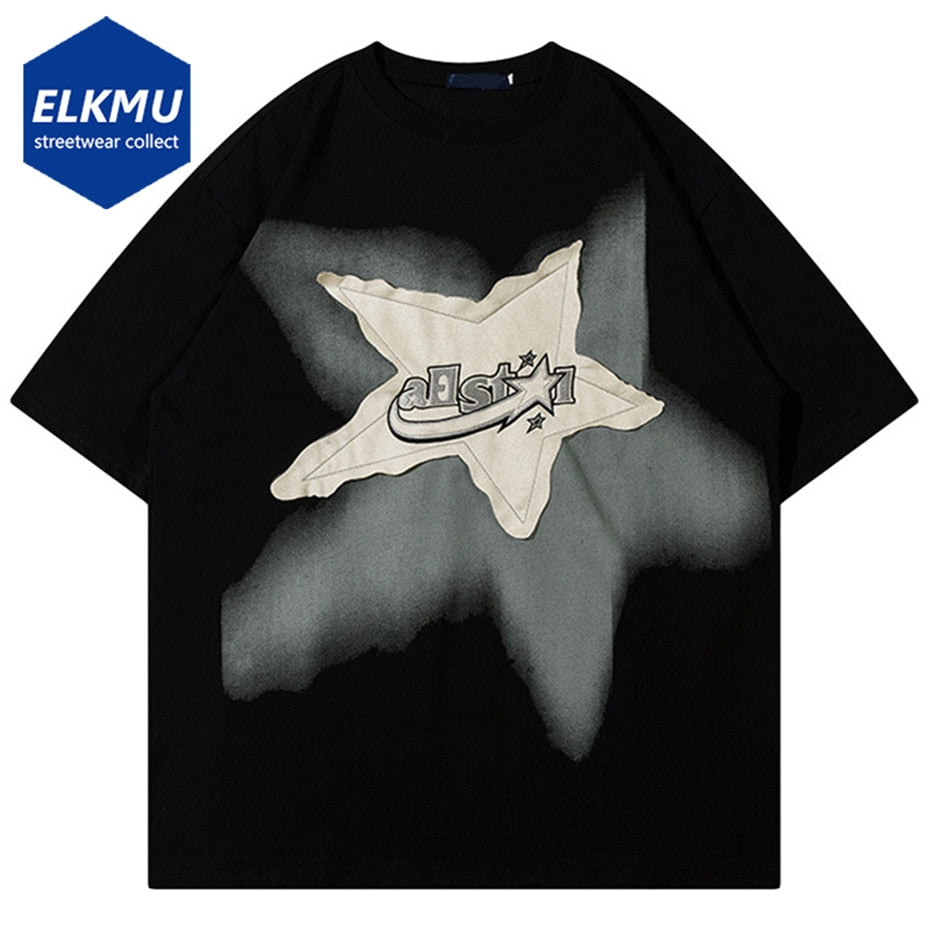 Men Oversized T Shirt Star Splicing Harajuku Streetwear Tshirts Man 2023 Fashion Casual Loose Cotton Hip Hop Y2K T-shirt Tops