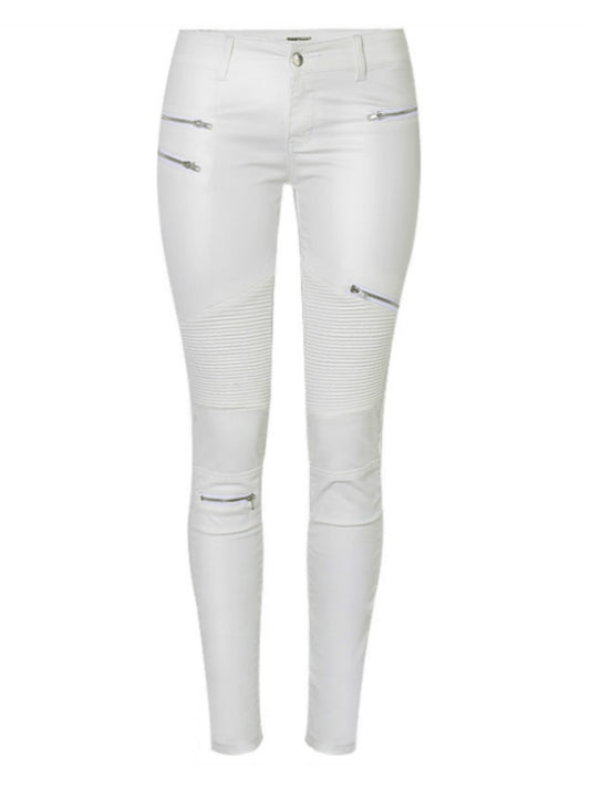 Low Waist Leather PU Pants Women Street Wear Fake Zippers White Cargo Slim Punk Push Up Fashion Skinny Elasticity Coated Jeans