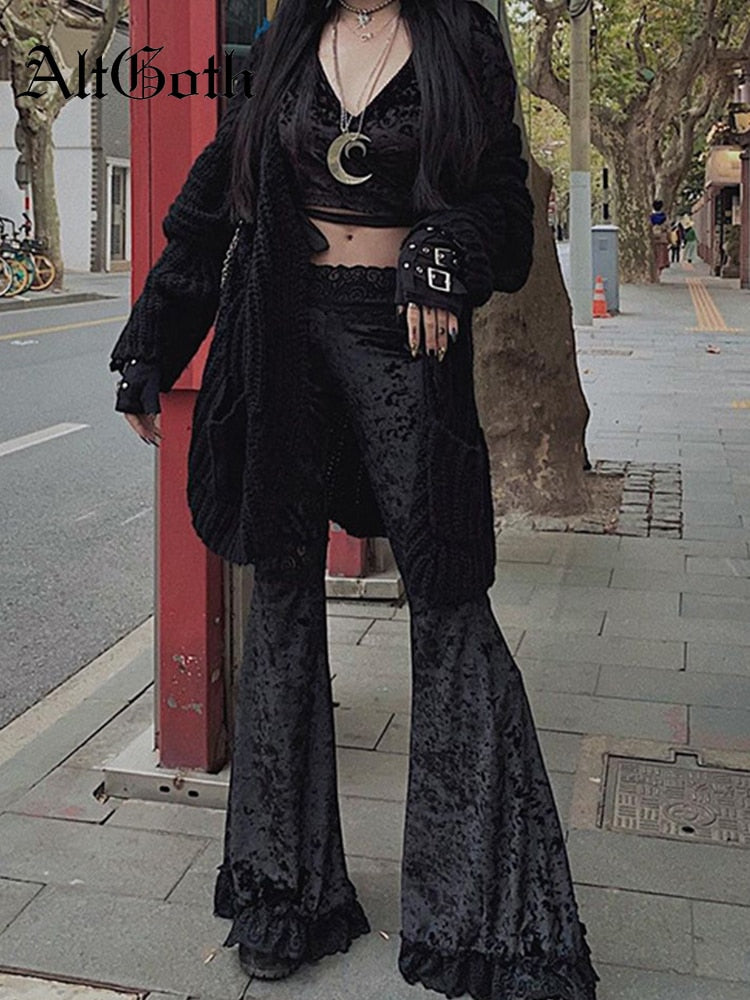 AltGoth Harajuku Punk Gothic Flare Pants Women Grunge Street Vintage Mall Goth Lace Patchwork Hollow Out Dark Black Velvet Pants