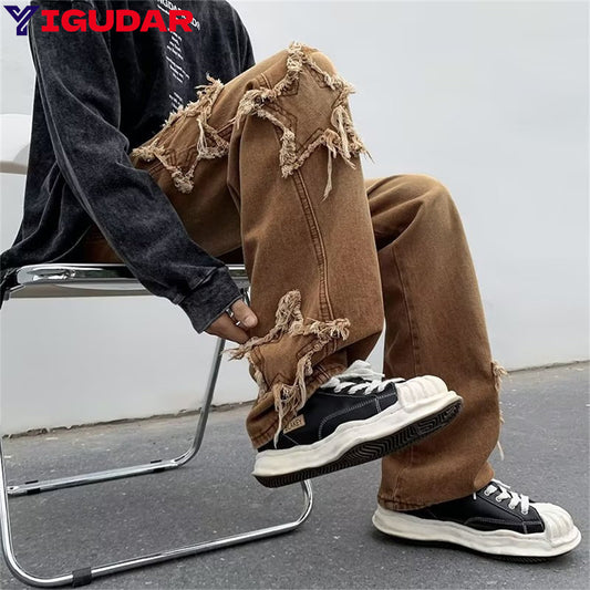 2022 New Fashion Stars Towel Embroidery Brown Baggy Men Jeans Pants Y2K Clothes Straight Hip Hop Cotton Trousers Pantalon Homme