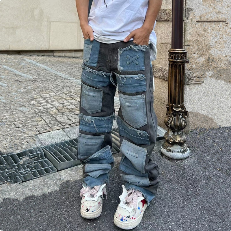2023 Cyber Y2K Streetwear Baggy Stacked Jeans Pants Men Clothing Straight Punk Multiple Pockets Denim Trousers Vetements Homme