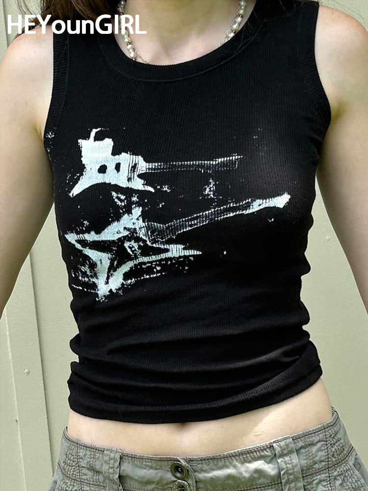 HEYounGIRL Guitar Print Sleeveless Tank Top Y2K Casual Ribbed Women Grunge Crop Top Harajuku Fashion Vest Tee 90s Street Outfits