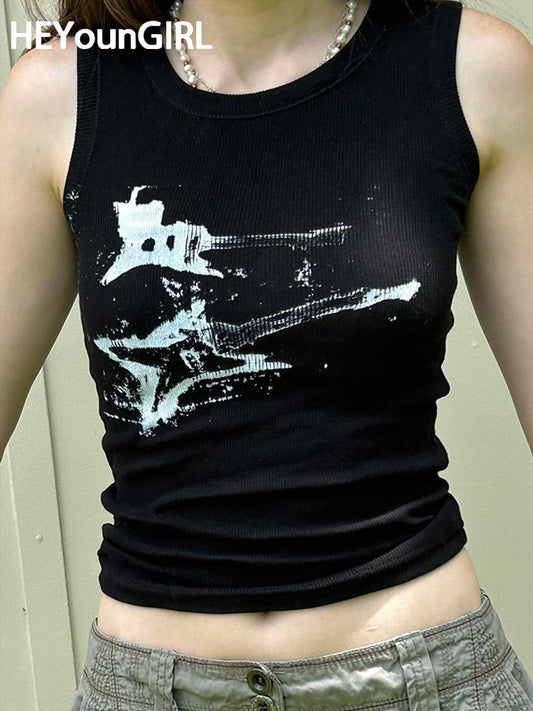 HEYounGIRL Guitar Print Sleeveless Tank Top Y2K Casual Ribbed Women Grunge Crop Top Harajuku Fashion Vest Tee 90s Street Outfits