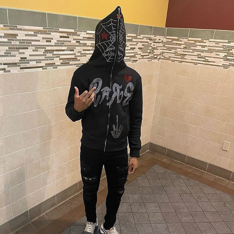 Men Y2K Full Zip Up Hoodie Gothic Streetwear Rhinestones Spider Web Jacket Coat Hip Hop Long Sleeve Oversized Hooded Sweatshirts