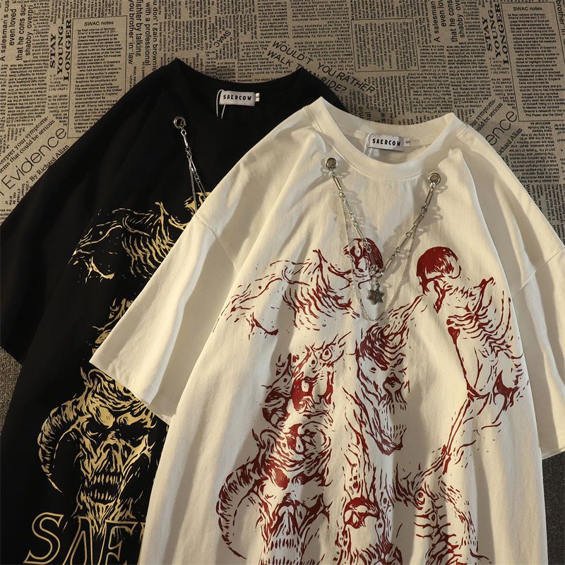 American style street dark skull style cotton short sleeved tshirt for men and women ins summer loose couple wear round neck top
