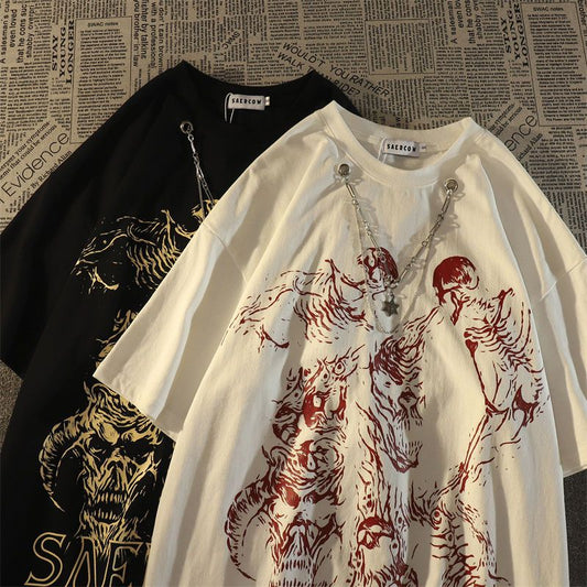 American style street dark skull style cotton short sleeved tshirt for men and women ins summer loose couple wear round neck top