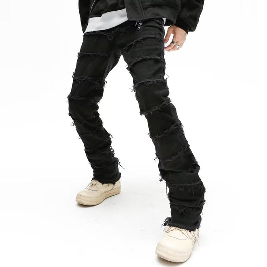 2023 Dark Streetwear Black Baggy Grunge Stacked Jeans Y2K Pants Men Patchwork Hip Hop Straight Denim Trousers Pantalones Hombre