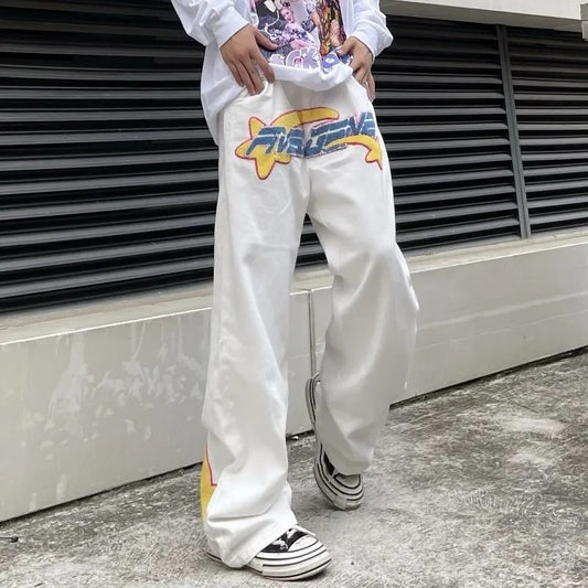 Y2K Retro Embroidered Denim Trousers Men's High Street Wide Leg Pants Street Loose Casual Jeans Letter Patch Pants Men's
